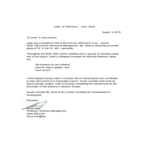 Juliet Davis Reference Letter