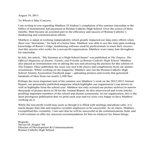 Colleen Letter of Reccommendation for Matt D'Andrea | PDF