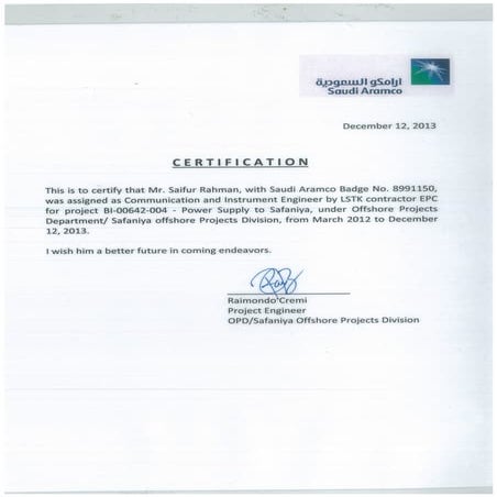 Aramco experience letter