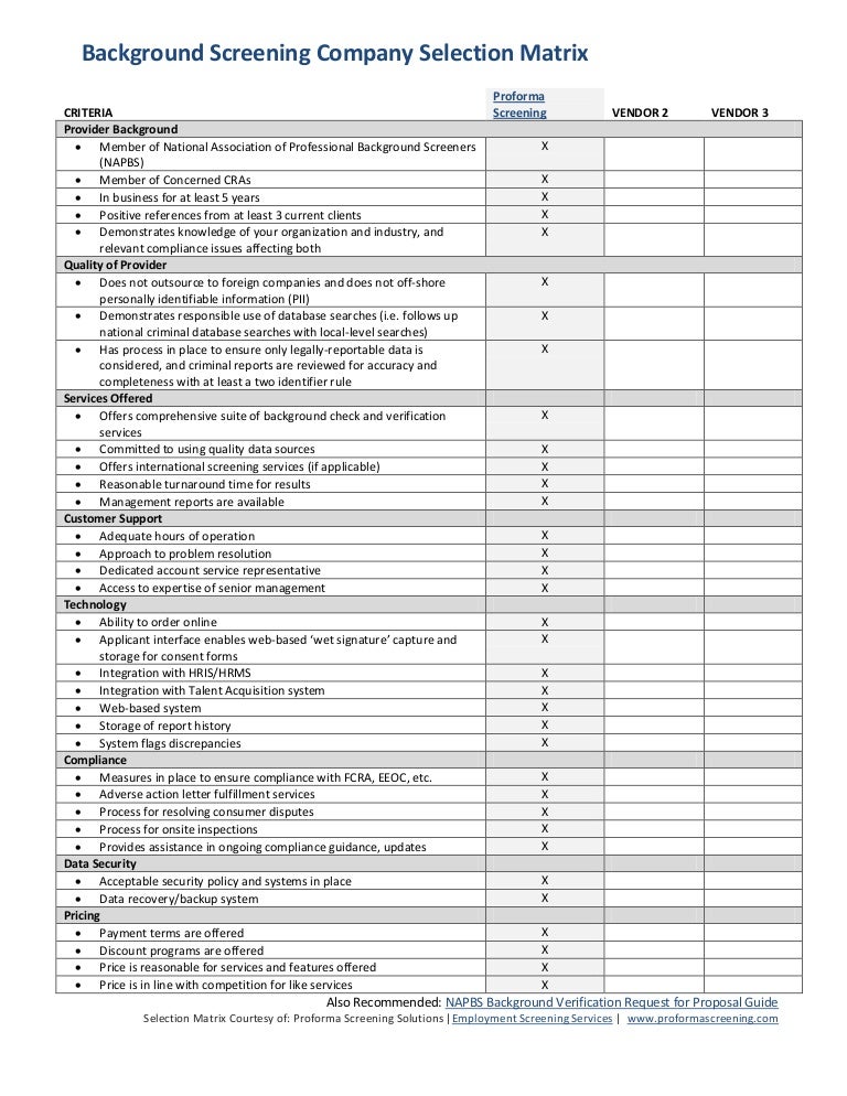 Background Screening Company Selection Matrix