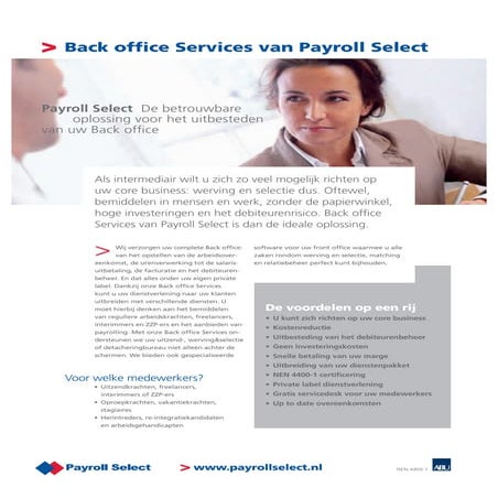 Back Office Services Van Payroll Select, Leaflet Voor Opdrachtgevers