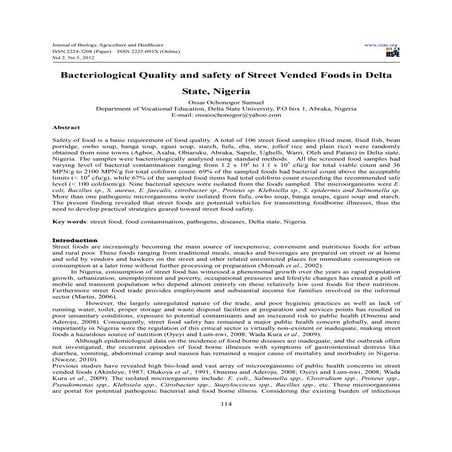 Bacteriological quality and safety of street vended foods in delta state, nig...
