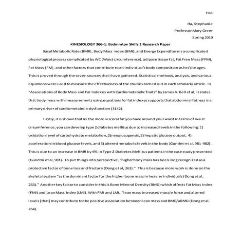 Kinesiology Research Paper - BMR, BMI, EE