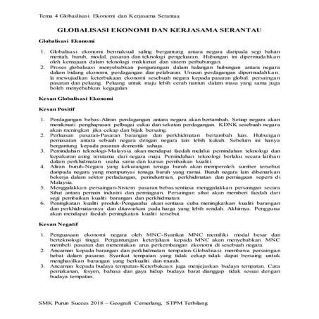 Bahagian B Tema 4 Globaslisasi Ekonomi dan Kerjasama Serantau.