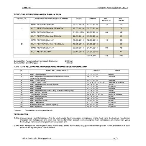 Bahagian takwim dan PBS Ting 6 2014  