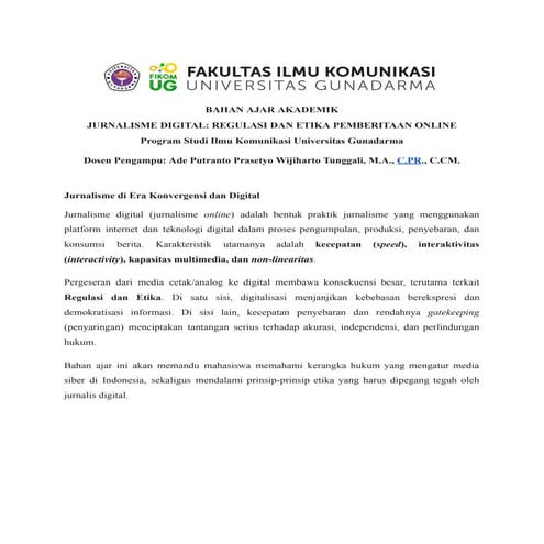 Bahan Ajar Digital Journalism  - Regulation and Media Ethics
