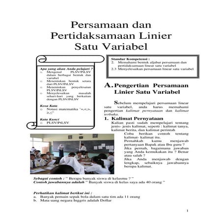 Bahan ajar persamaan dan pertidaksamaan linear satu variabel