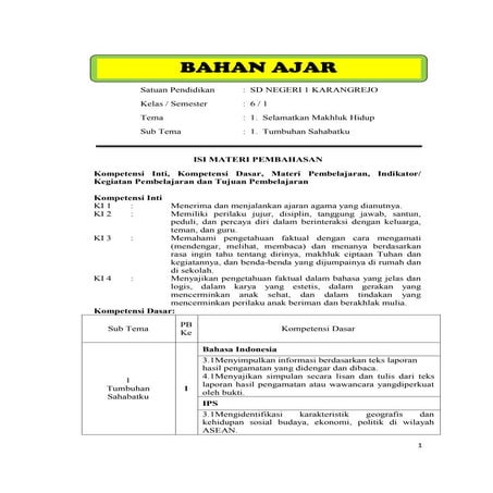 Bahan Ajar Tema 1 Subtema 1 Pdf