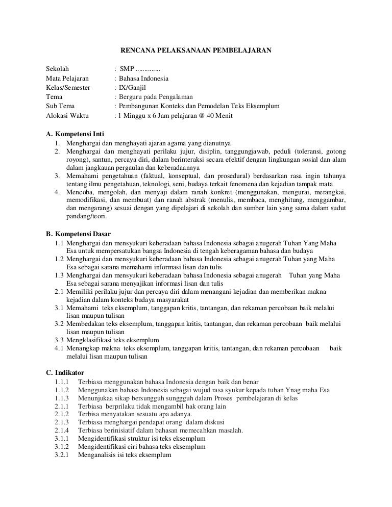 Rpp Smp Bahasa Indonesia Kelas Ix