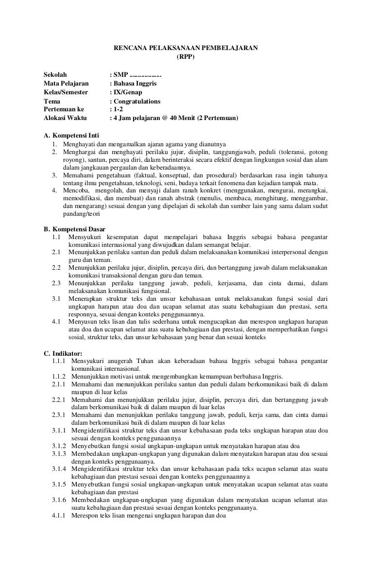 Rpp Smp Bahasa Inggris Kelas Ix
