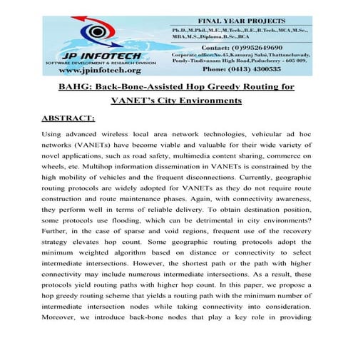 Bahg back bone-assisted hop greedy routing for vanet’s city environments