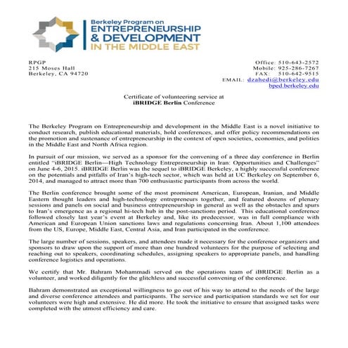Bahram mohammadi. i bridge berlin certificate