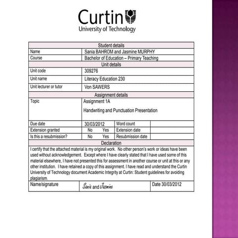 Literacy Ass1A: Handwriting and Punctuation