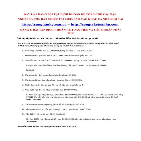Bài tập định khoản kế toán có lời giải - đáp án