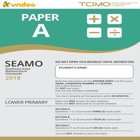 ĐỀ THI SEAMO - CẤP ĐỘ A (KHỐI 1 + 2) NĂM 2018