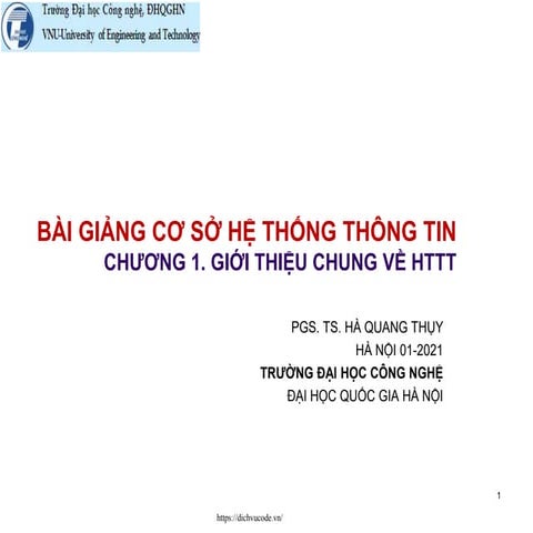 Bài giảng Cơ sở hệ thống thông tin - Chương 1. Giới thiệu chung về hệ thống t...
