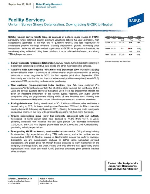 Baird September 2012 Facility Services Report