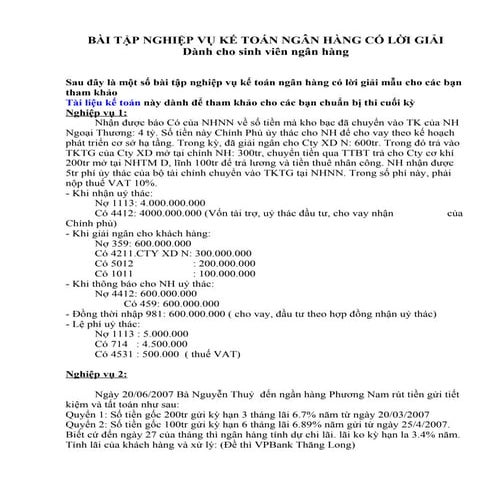 Bài tập nghiệp vụ kế toán ngân hàng có lời giải 