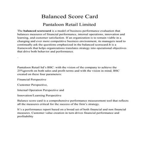 Balanced score card pantaloon retail limited
