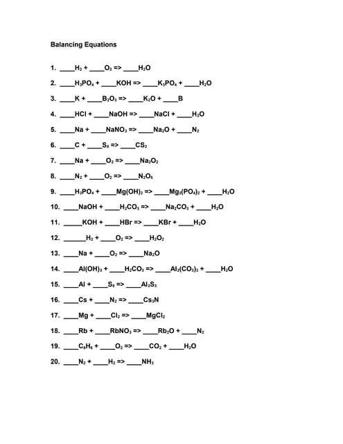 Printables Balancing Equations Worksheet 1 balancing equations questions and answers