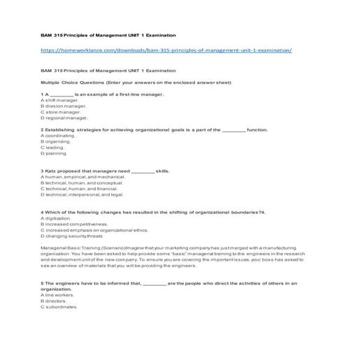 Bam 315 principles of management unit 1 examination | DOCX