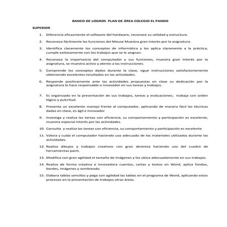 Banco de logros  plan de  area informatica 
