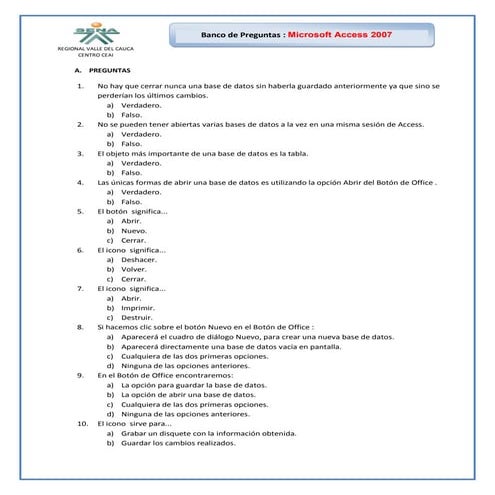Banco de preguntas access 2007