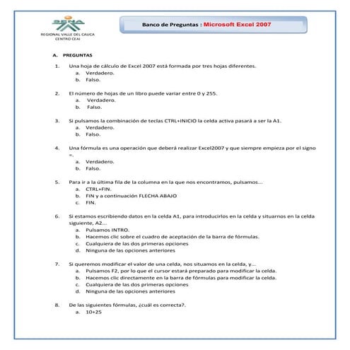 Banco de preguntas excel 2007