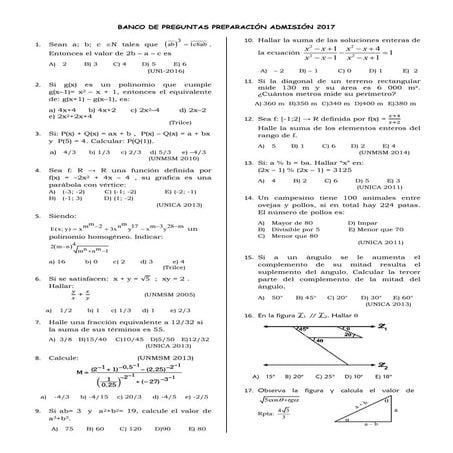 Banco de preguntas preparación admisión 2017