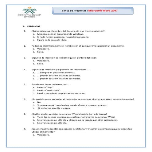 Banco de preguntas word 2007