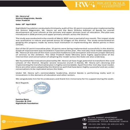 Right Walk Foundation third party audit of overall development of rural schools at the primary and upper primary level of education in Banda District