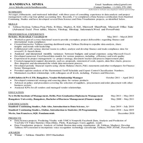 Bandhana Sinha resume