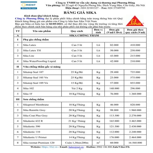 Bảng báo giá Sika 