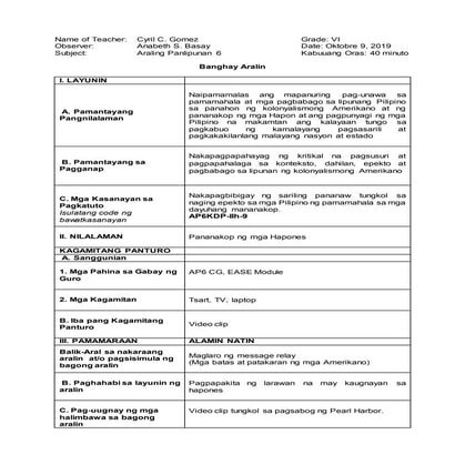 Banghay aralin sa arpan 6  pananakop ng mga hapones