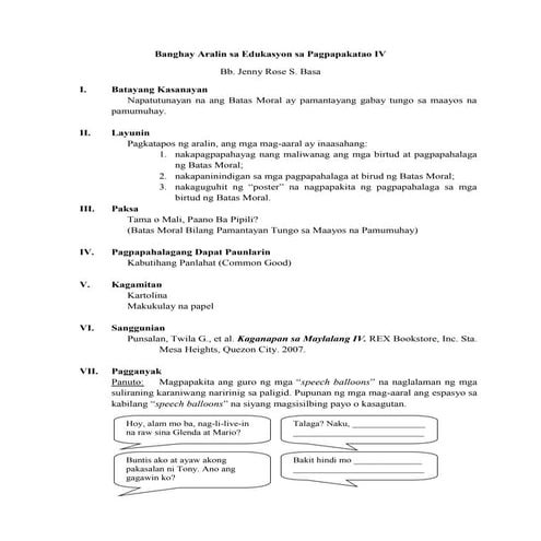 Banghay aralin sa edukasyon sa pagpapakatao iv