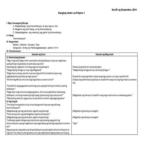 Banghay Aralin sa Filipino 1: Komunikasyon