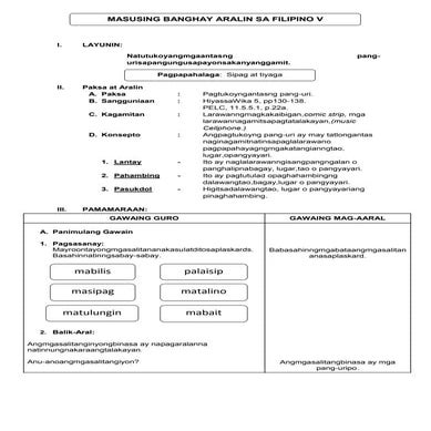 Banghay aralin sa filipino 5