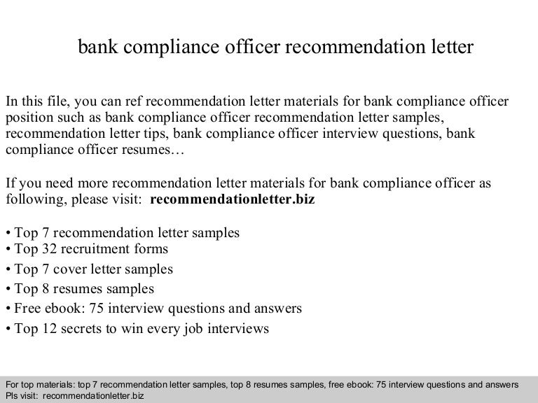 bank compliance officer recommendation letter reference letters samples