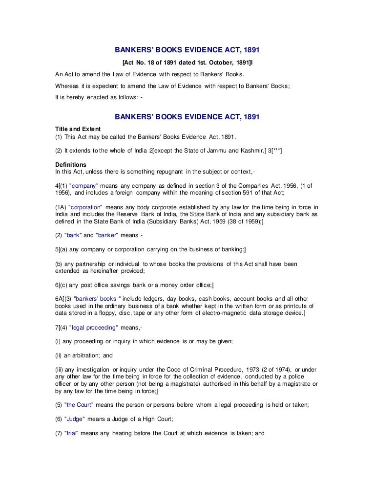 Bankers' books evidence act, 1891