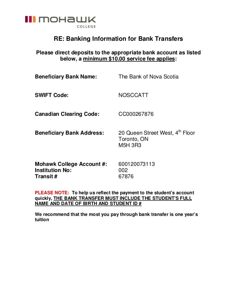 Mohawk College Banking Information Wire Transfer