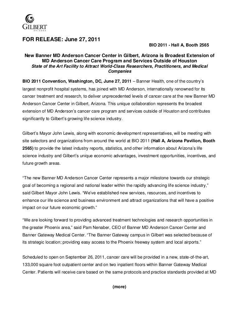 Banner Md Anderson Press Release Gilbert Ariz