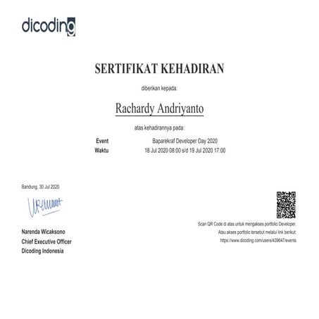 Baparekraf developer day 2020 certificate