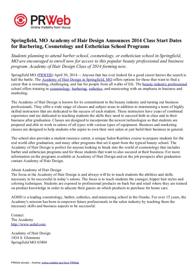 Springfield MO Academy Of Hair Design Announces 2014 Class Start Dat