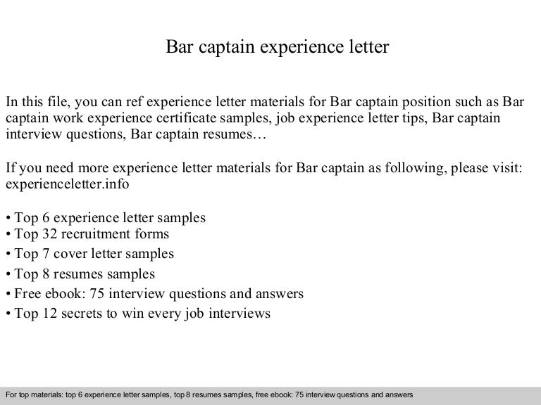 Bar captain experience letter