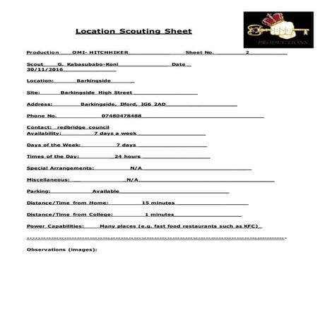 Location scouting sheet | DOCX