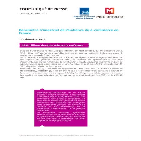 Barometre trimestriel de l'audience du Ecommerce en France - T1 2013 - FEVAD