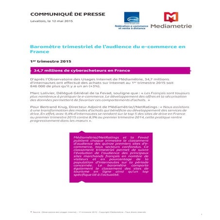 Baromètre trimestriel de l'audience du e commerce en france - 1er trimestre 2...