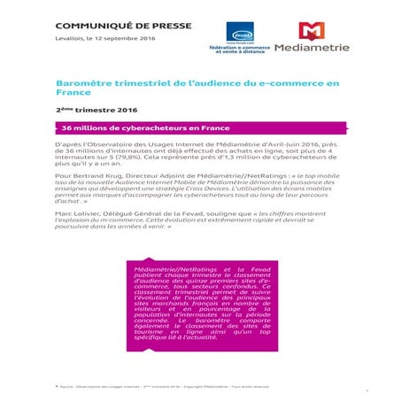 Baromètre trimestriel de l’audience du e commerce en France - 2ème trimestre ...