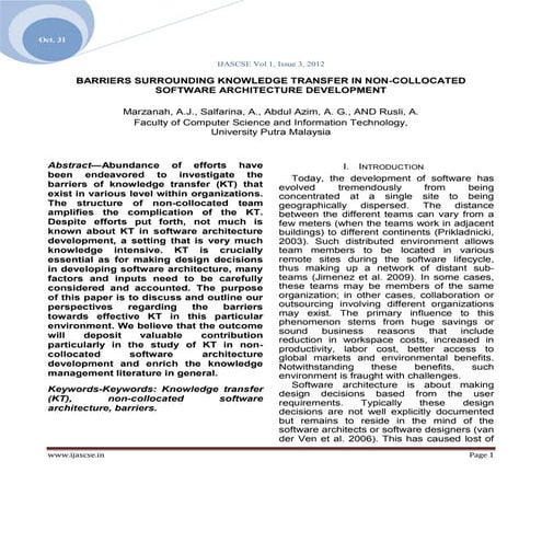 BARRIERS SURROUNDING KNOWLEDGE TRANSFER IN NON-COLLOCATED SOFTWARE ARCHITECTU...