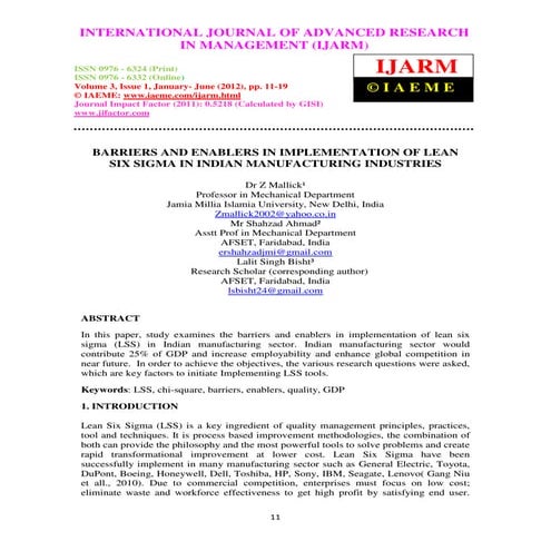 Barriers and enablers in implementation of lean six sigma in indian manufactu...
